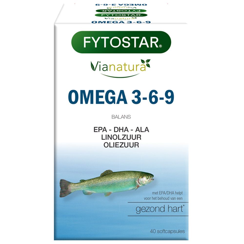 Verpakking Fytostar ViaNatura Omega 3-6-9. Opschrift: Omega 3-6-9, EPA-DHA-ALA, Linolzuur, Oliezuur. Illustratie van vis.