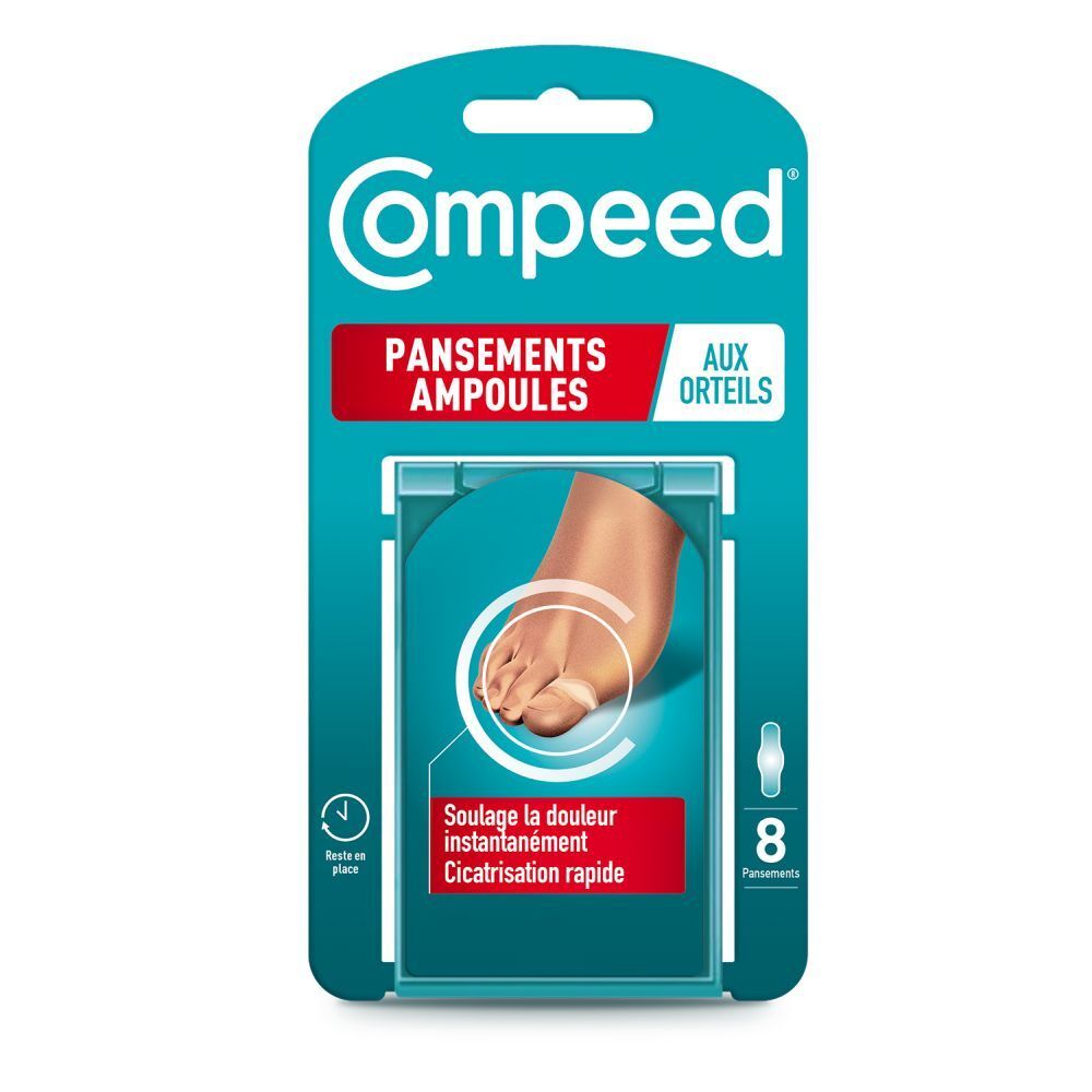 Pansements Compeed pour ampoules aux orteils. Boîte de 8. Pied avec ampoule et pansement.