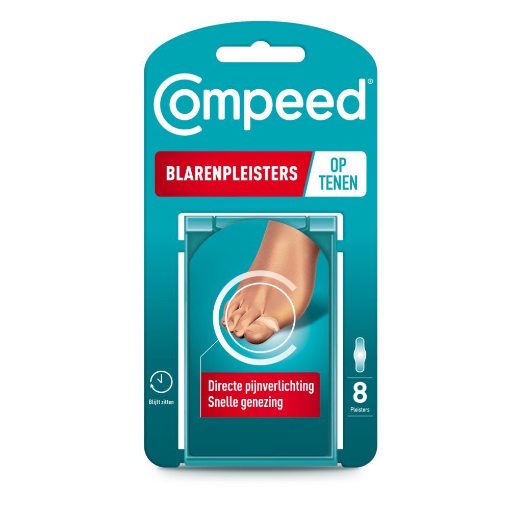 Compeed blarenpleisters voor tenen. Verpakking met 8 pleisters. Voet met blaar en pleister.