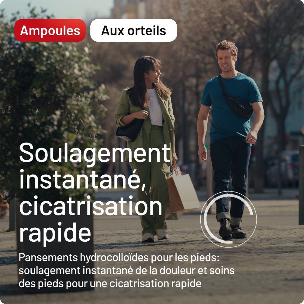 Deux personnes marchent dans la rue. Texte: Soulagement instantané, cicatrisation rapide.