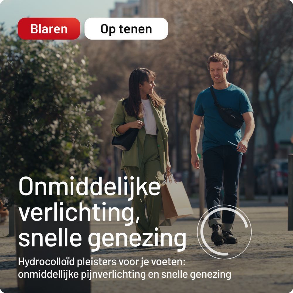 Twee mensen lopen op straat. Tekst: Onmiddellijke verlichting, snelle genezing.