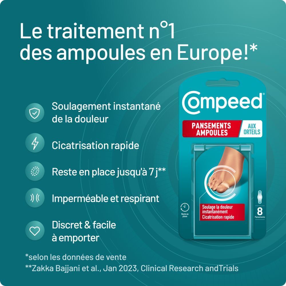 Emballage du produit Compeed avec texte et icônes. Montre un pied avec une ampoule et un pansement.