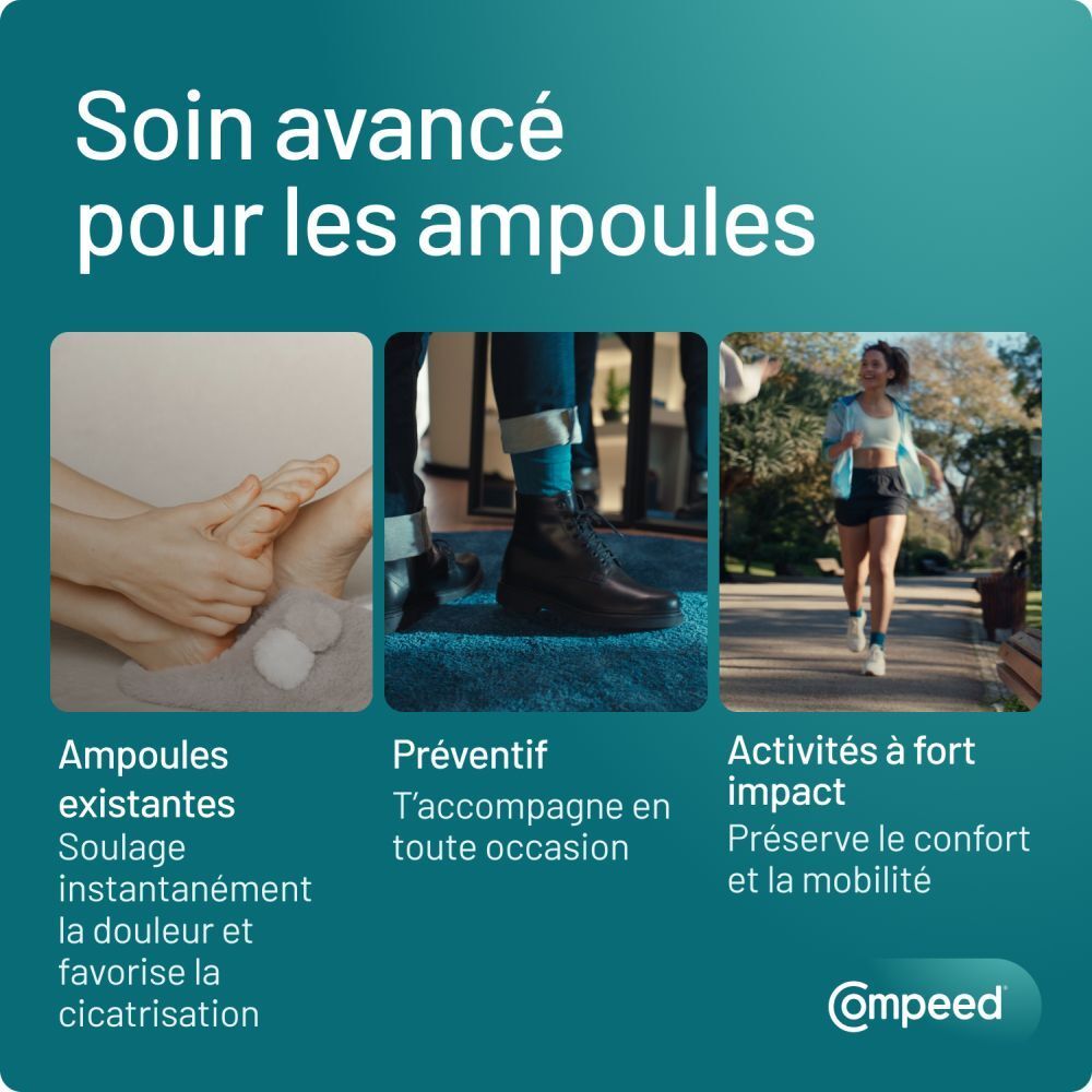 Trois images montrent différentes situations. Texte: Soin avancé pour les ampoules.
