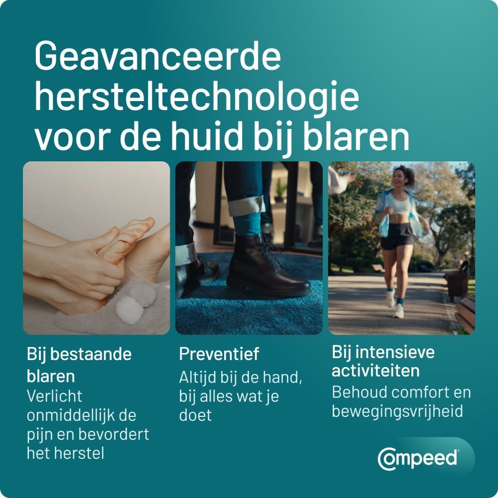 Drie afbeeldingen tonen verschillende situaties. Tekst: Geavanceerde zorg voor blaren.