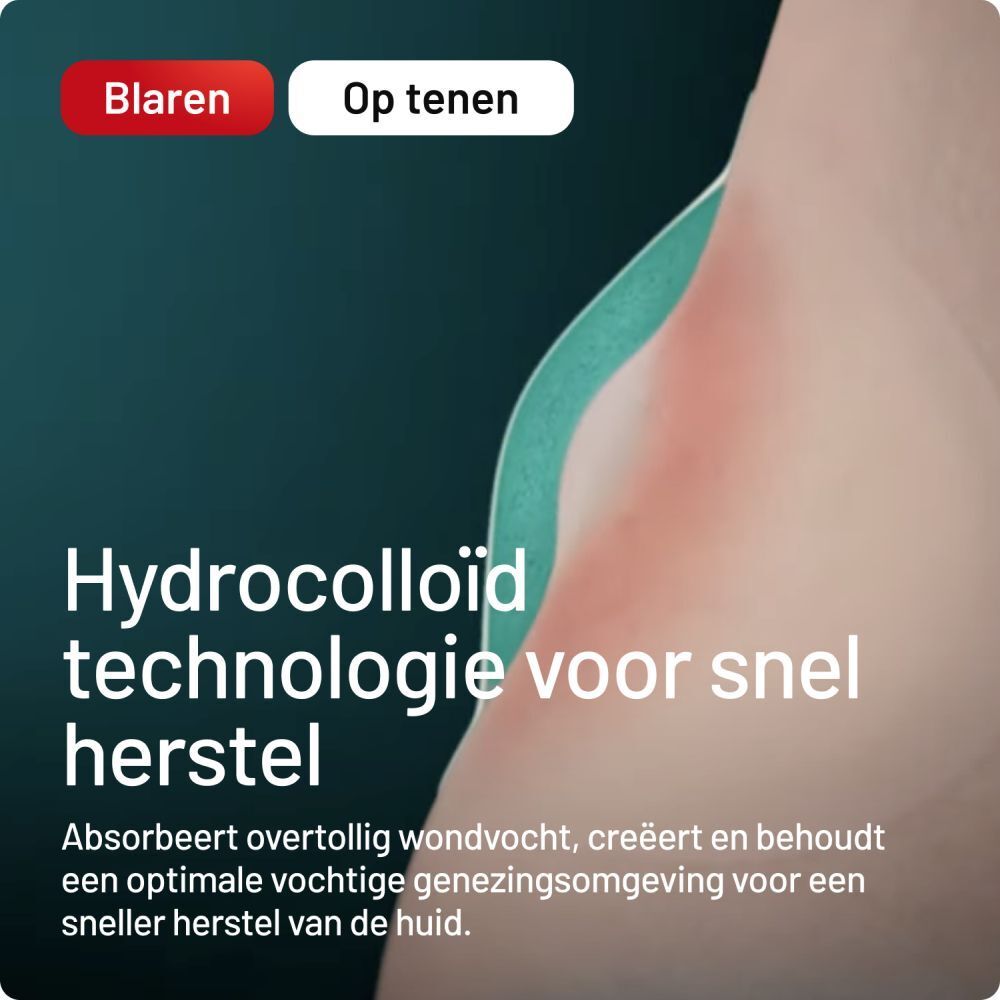 Close-up van een huidblaar met een Compeed pleister. Tekst: Hydrocolloïd technologie.