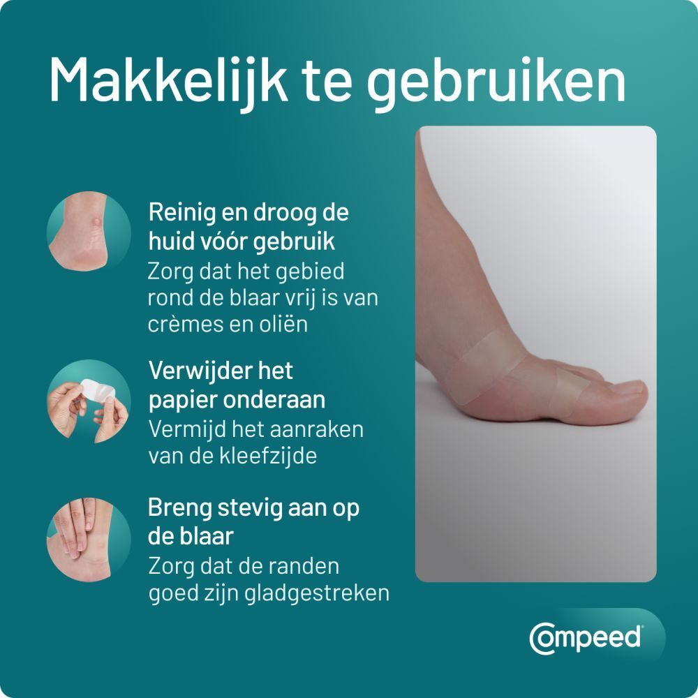 Drie stappen om een Compeed pleister aan te brengen. Tekst: Gemakkelijk te gebruiken.