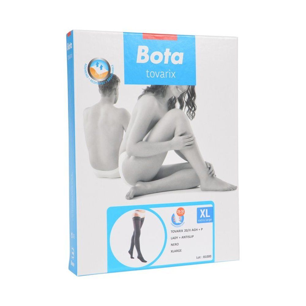 Bota tovarix verpakking. Opdruk: compressiekousen, XL, zwart. Afbeelding van een vrouw.