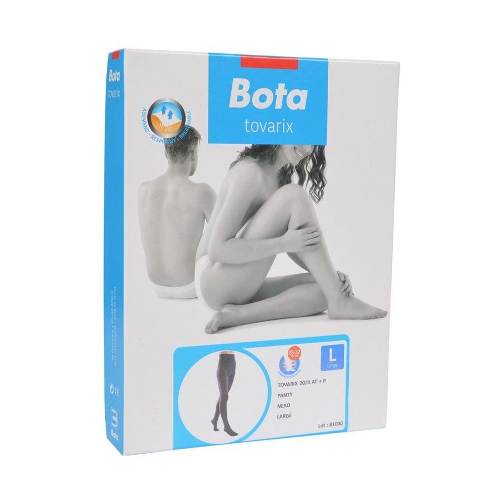 Verpakking van Bota Tovarix 20/Ii Sock At Nero Large. Afbeelding van een vrouw en productillustratie. Maat L.