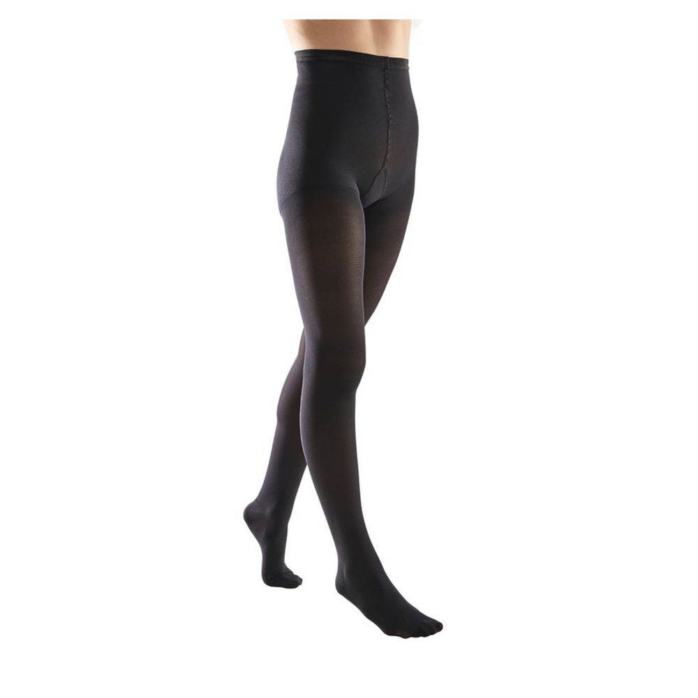 Collant noir. Vue de face, montrant les jambes et la taille. Structure du tissu visible.