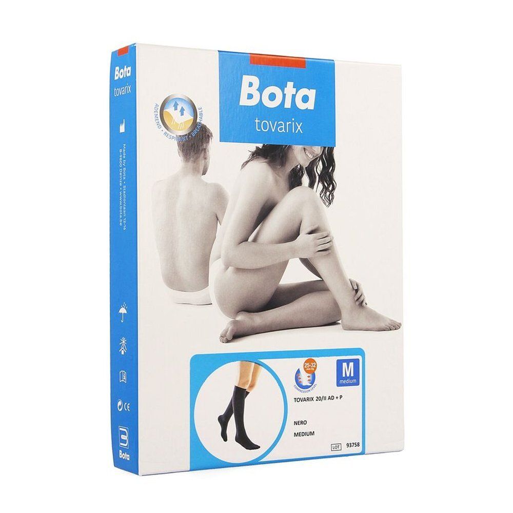 Verpakking van Bota Tovarix 20/II AD +P Nero Medium. Afbeelding van vrouw en man. Zwarte compressiekousen.