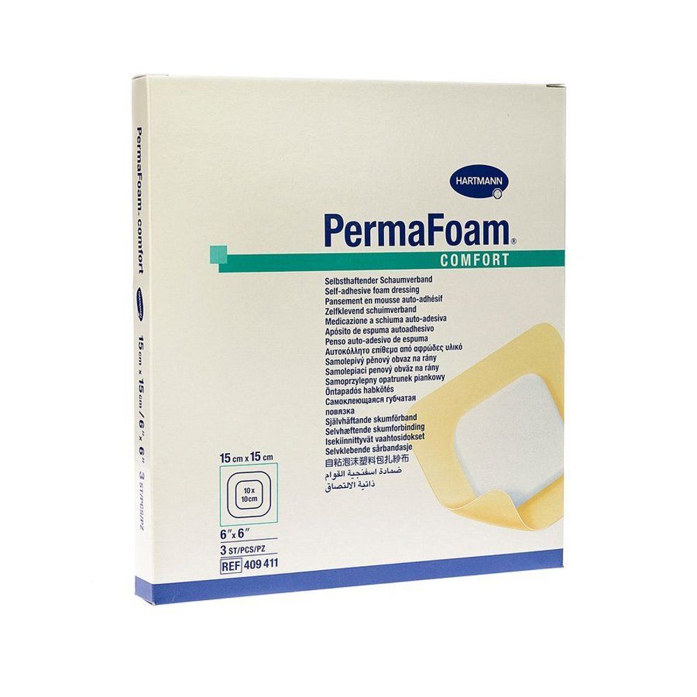 Boîte de PermaFoam Comfort, 15 x 15 cm. Hartmann. Pansement mousse auto-adhésif. 3 pièces.