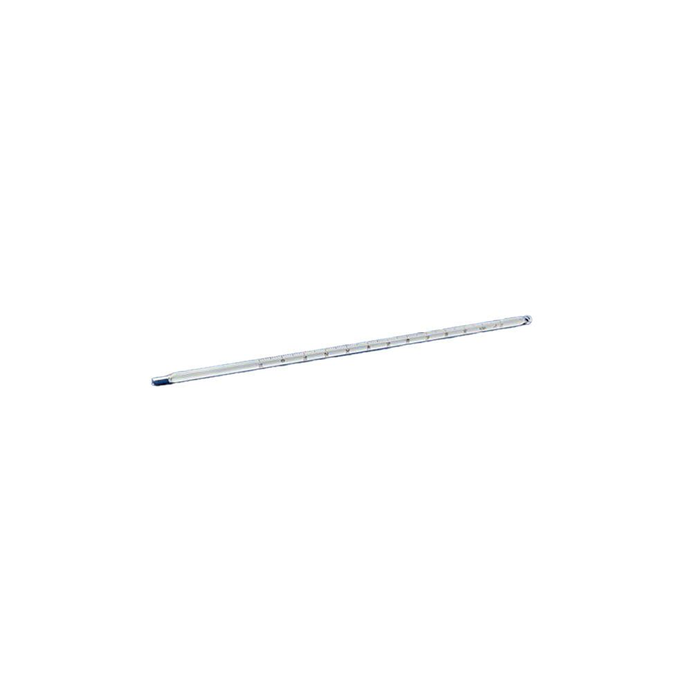 Thermomètre chimique. Long tube de verre fin avec échelle et extrémité bleue. Sur fond blanc.