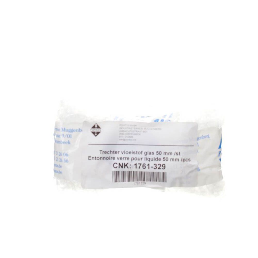 Emballage avec informations produit. Texte: Trechter vloeistof glas 50 mm /st, Entonnoire verre pour liquide 50 mm /pcs, CNK: 1761-329.