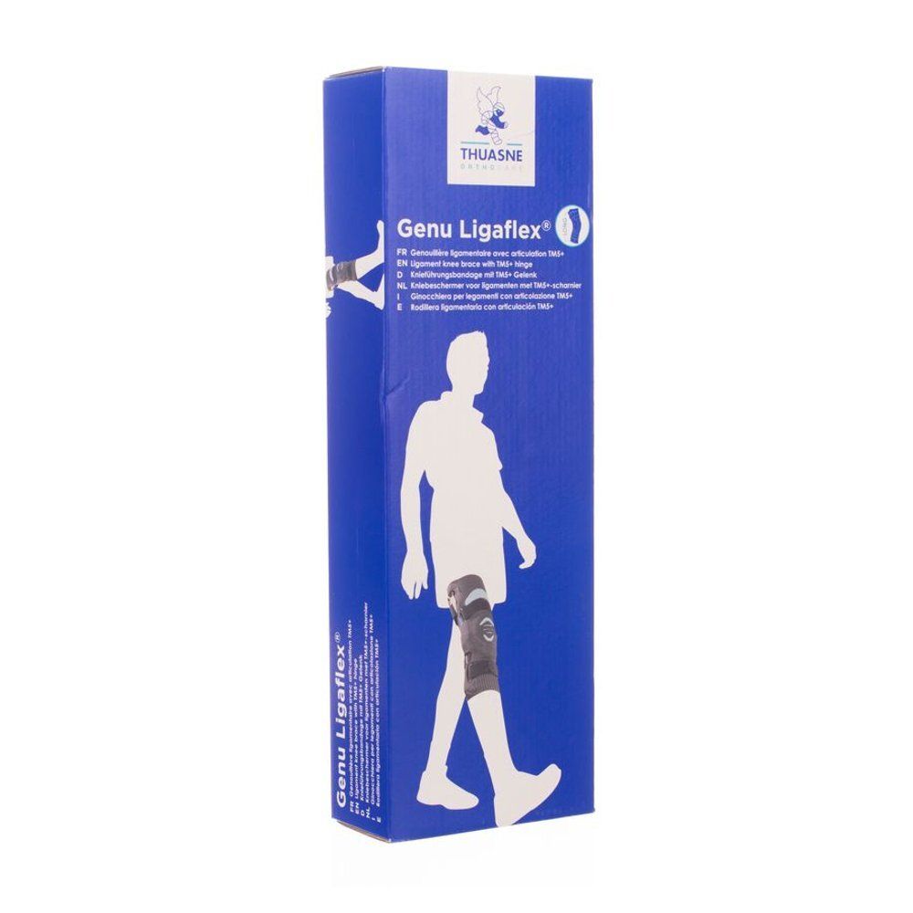 Blauwe en witte verpakking met Thuasne-logo en productafbeelding. Genu Ligaflex kniebrace, illustratie van been met brace.