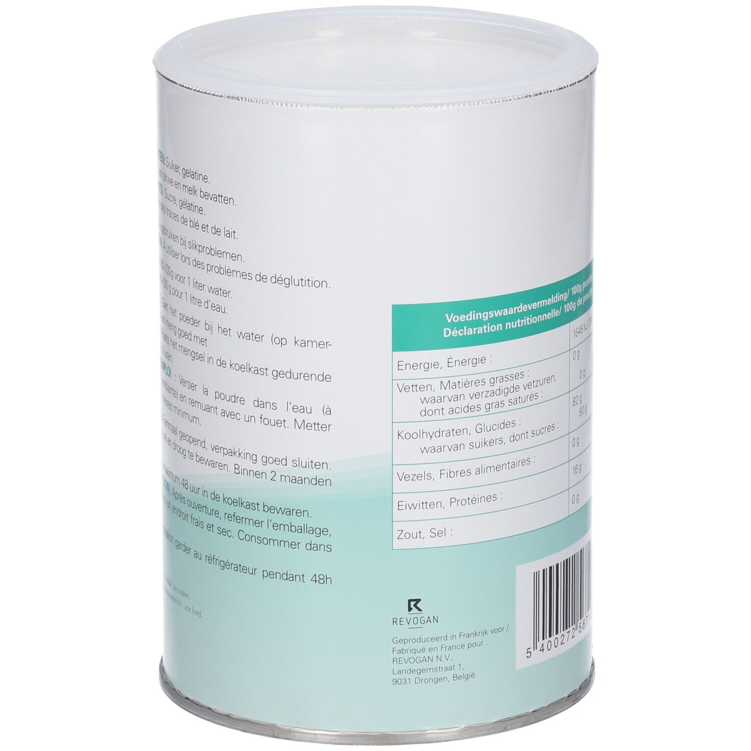 Cilindervormige bus met tekst. Afdruk met instructies en voedingswaarde. Barcode onderaan. Witte achtergrond.