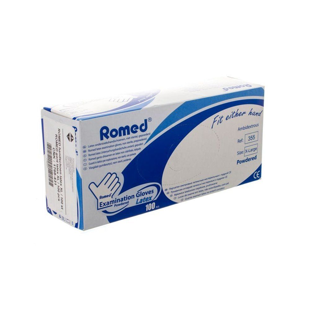 Boîte de gants d'examen Romed, taille XL, latex, non poudrés. Marquage CE. Emballage bleu et blanc.