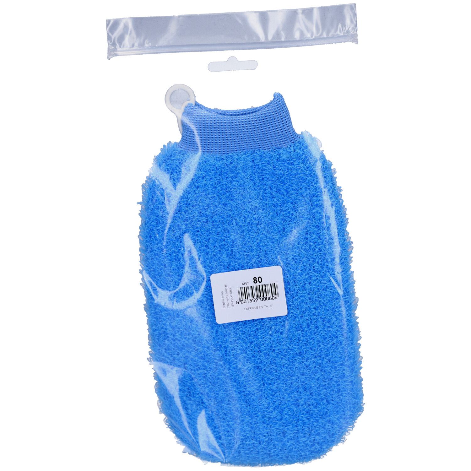 Blauwe massagehandschoen in plastic verpakking. Label met productnummer. Ophanginrichting.