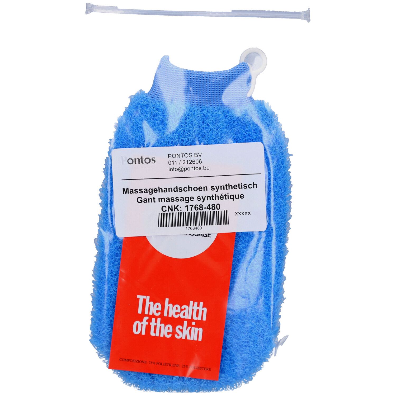 Blauwe massagehandschoen in plastic verpakking. Label met productinformatie. Ophanginrichting.