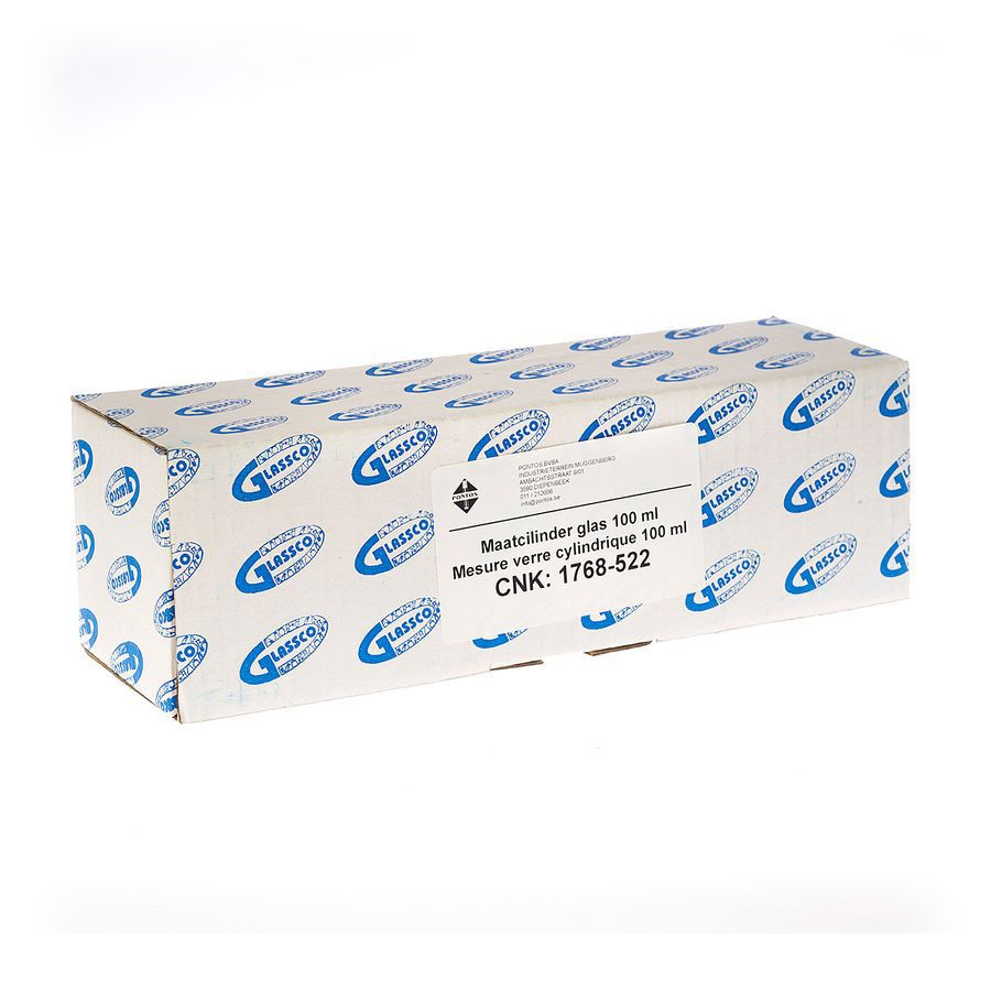 Emballage en carton avec informations produit. Inscription: Maatcilinder glas 100 ml, Mesure verre cylindrique 100 ml, CNK: 1768-522. Logo: GLASSCO.