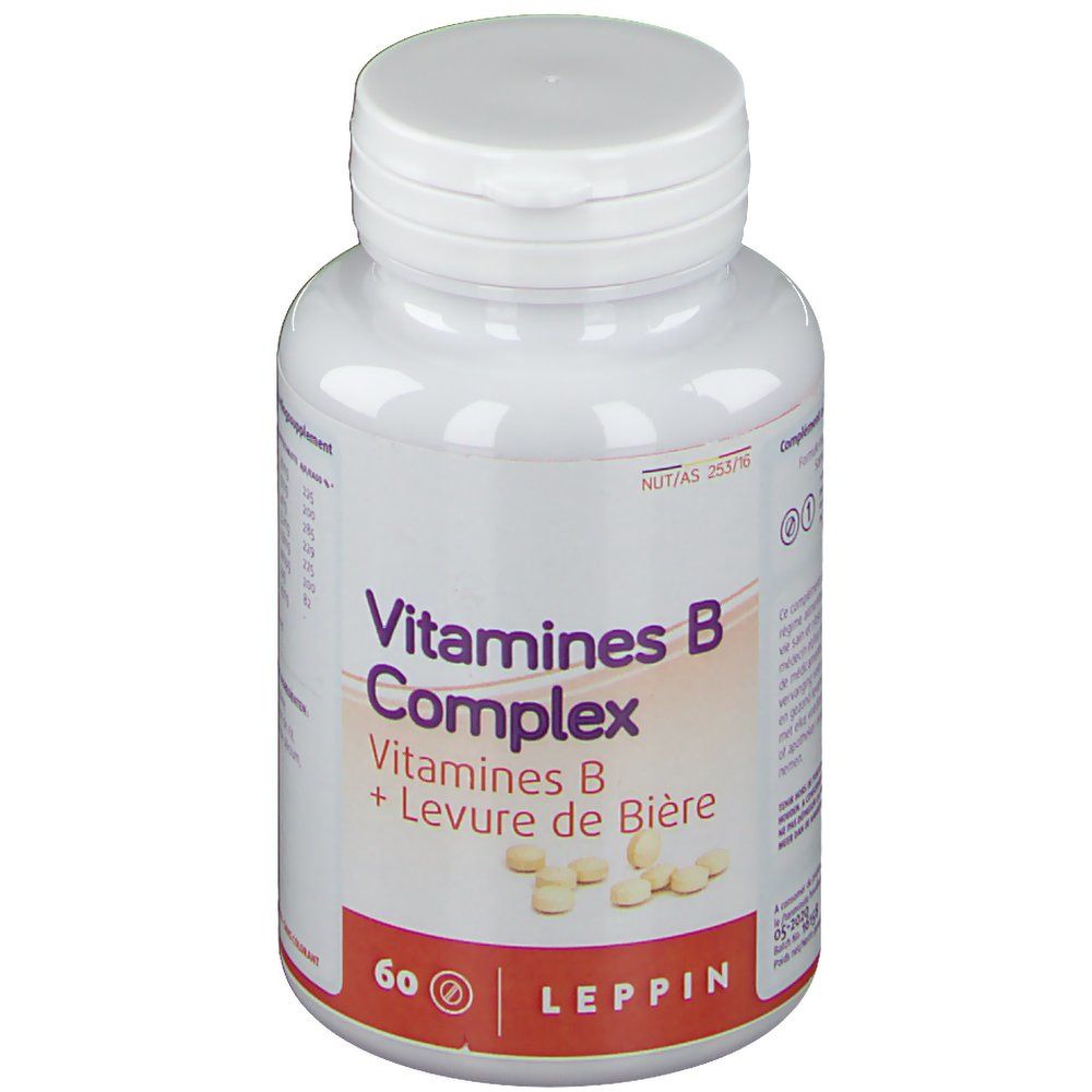 Flacon blanc de Vitamines B Complex. Inscription: Vitamines B Complex, Vitamines B + Levure de Bière. 60 comprimés. Marque: Leppin.