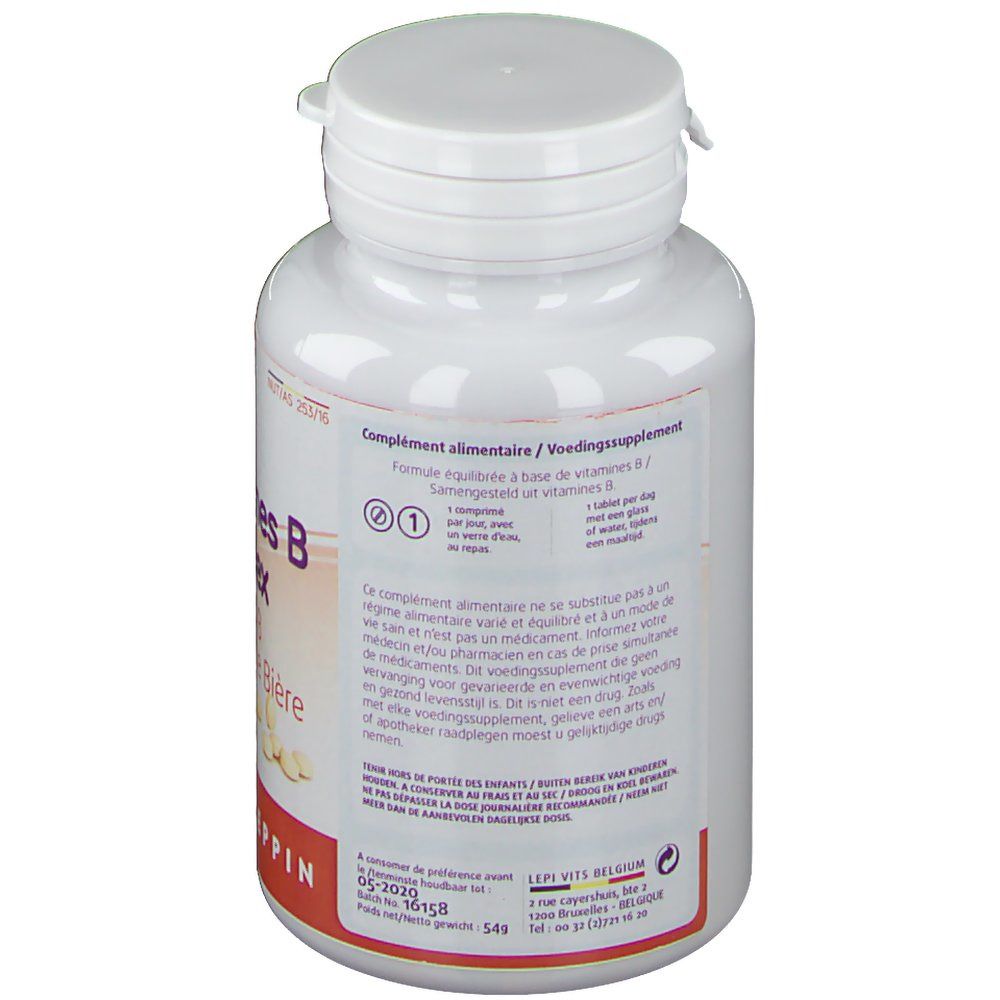 Dos du flacon blanc de Vitamines B Complex. Texte: Complément alimentaire. Ingrédients et dosage. Marque: Leppin.
