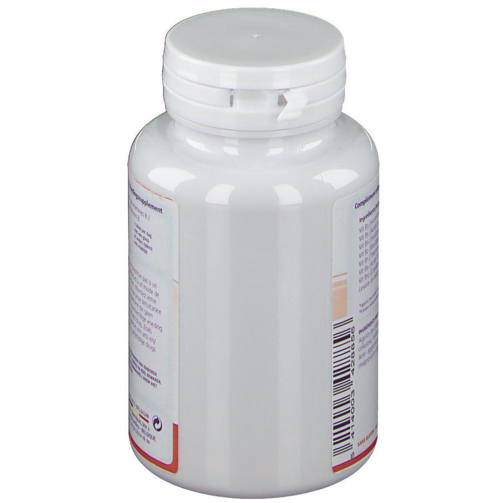 Vue latérale du flacon blanc de Vitamines B Complex. Texte: Complément alimentaire. Ingrédients et dosage. Marque: Leppin.