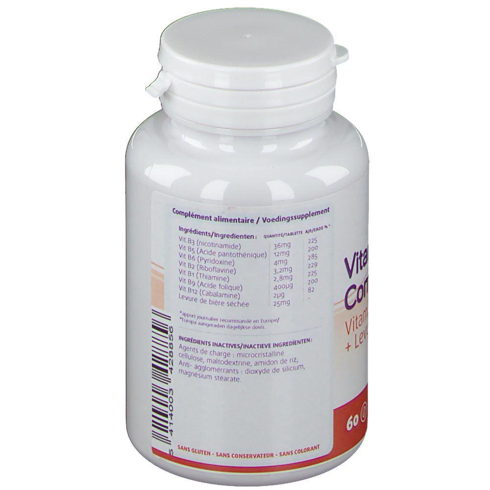 Dos du flacon blanc de Vitamines B Complex. Ingrédients et informations nutritionnelles. Texte: Complément alimentaire. Marque: Leppin.