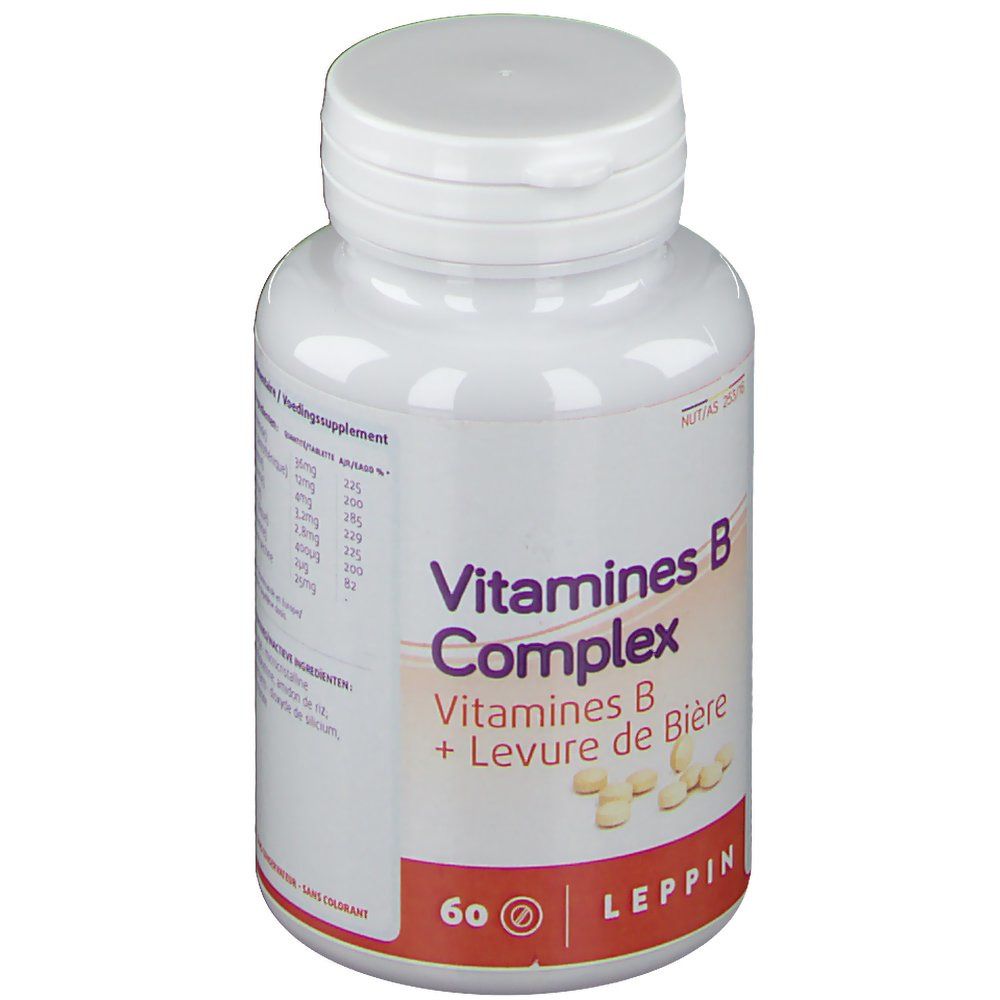 Flacon blanc de Vitamines B Complex. Inscription: Vitamines B Complex, Vitamines B + Levure de Bière. 60 comprimés. Marque: Leppin.