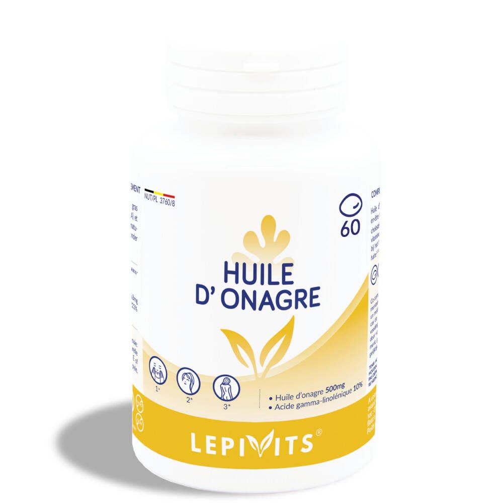 Witte fles met capsules. Opschrift: Huile d'onagre. Geel etiket met logo en tekst. 60 capsules.