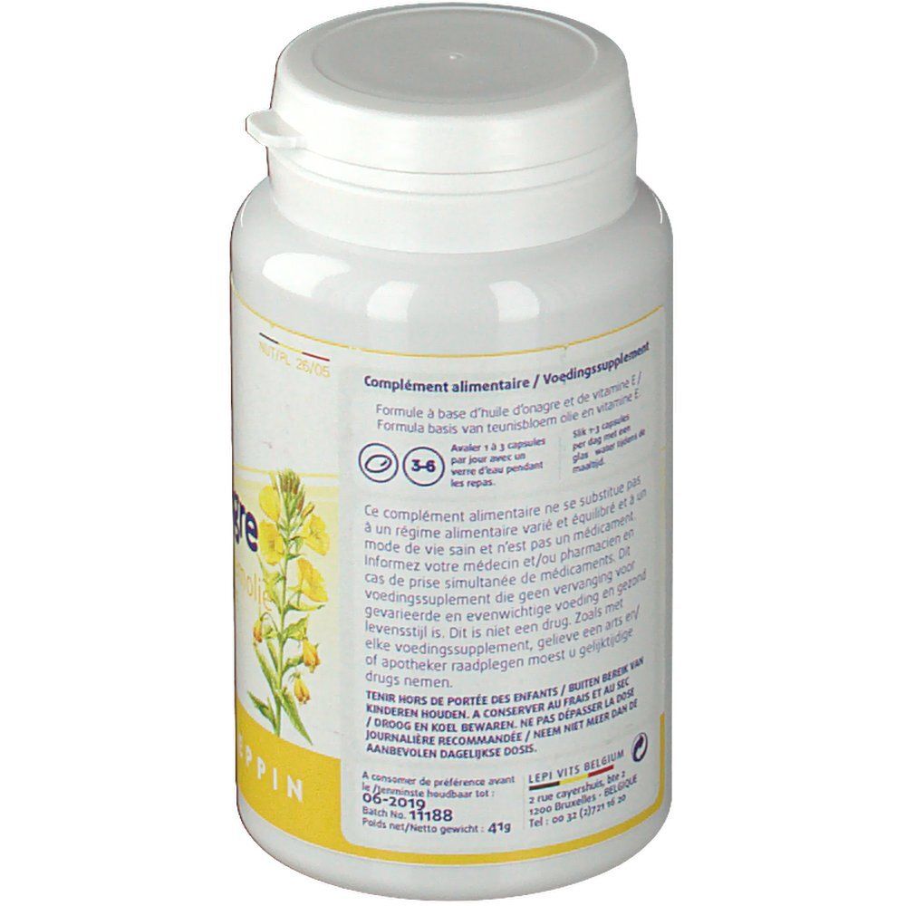 Achterkant van de witte fles met tekst. Etiket met informatie. Deksel met klapdeksel.