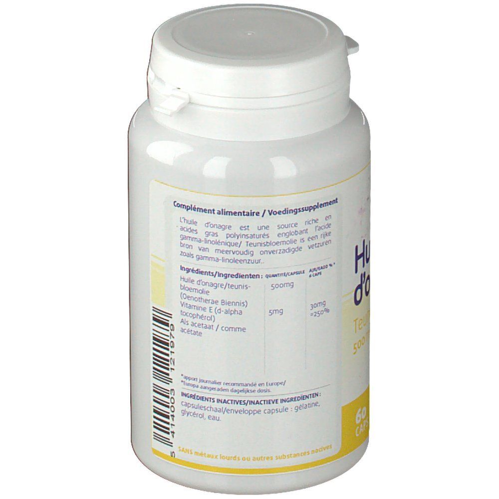 Achterkant van de witte fles met tekst. Etiket met ingrediënten en informatie. Deksel.