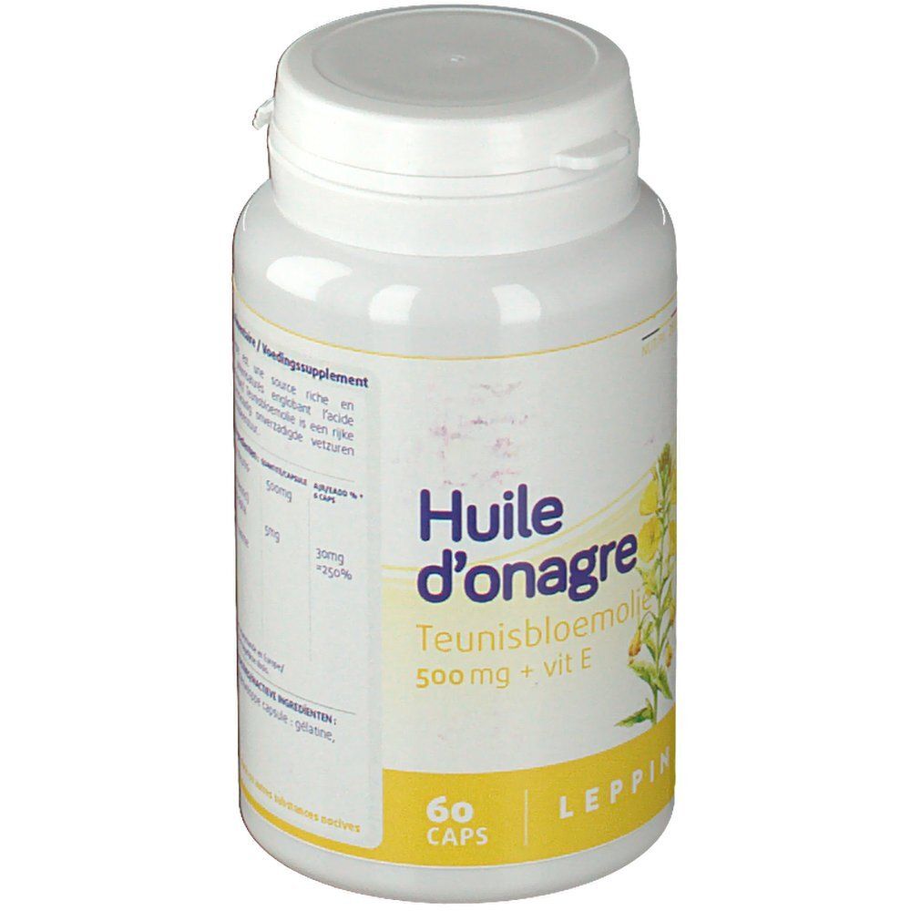 Witte fles met geel etiket. Opschrift: Huile d'onagre. 60 capsules. Deksel.