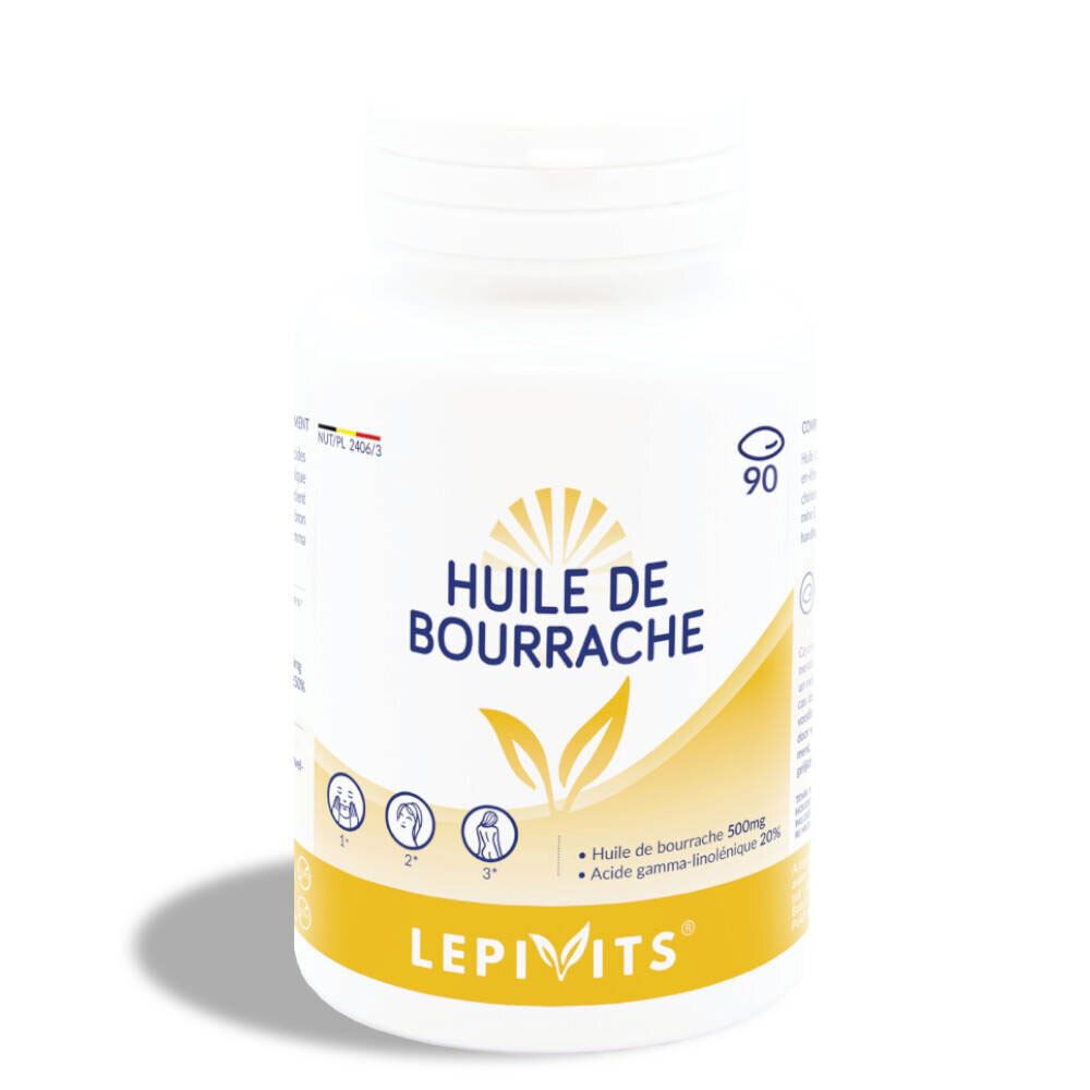 Witte fles met capsules. Opschrift: Huile de Bourrache. Gele sticker met logo en tekst. 90 capsules.