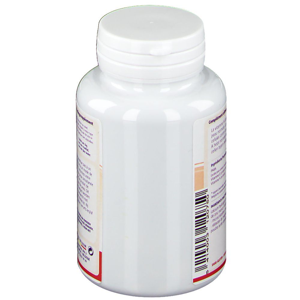 Zijaanzicht van een witte fles met capsules. Tekst: Voedingssupplement. Merk: Leppin.