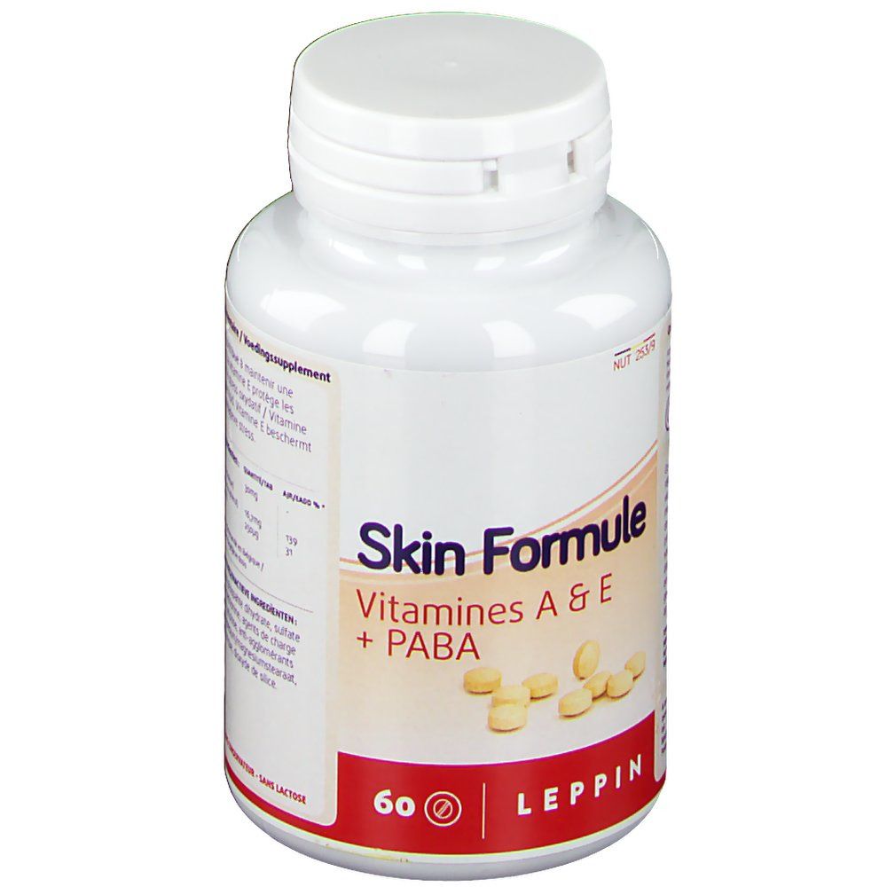Witte fles met capsules. Opschrift: Skin Formule, Vitamines A & E + PABA. 60 capsules. Merk: Leppin.