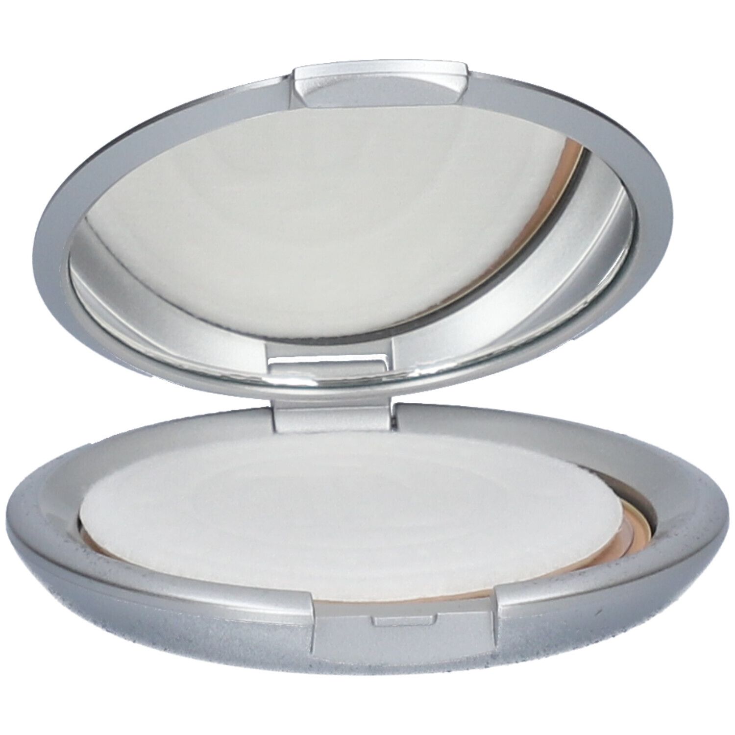 Poudrier compact argenté ouvert, avec miroir et poudre. Poudre et miroir visibles.