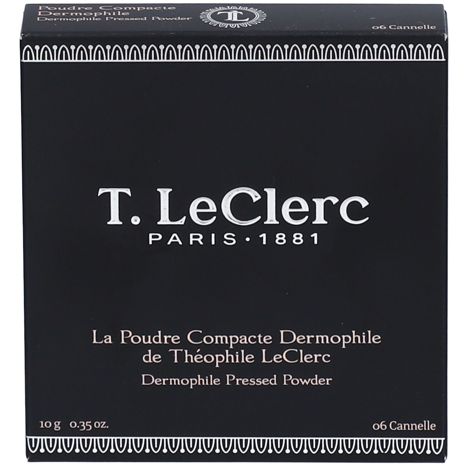 Emballage noir avec texte blanc. Contient de la poudre compacte. Marque : T. LeClerc.