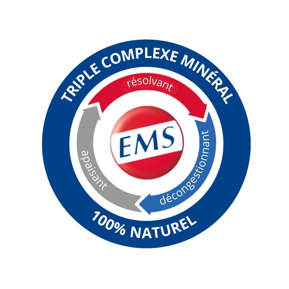 Logo avec flèches et texte: Triple Complexe Minéral, 100% Naturel, EMS.