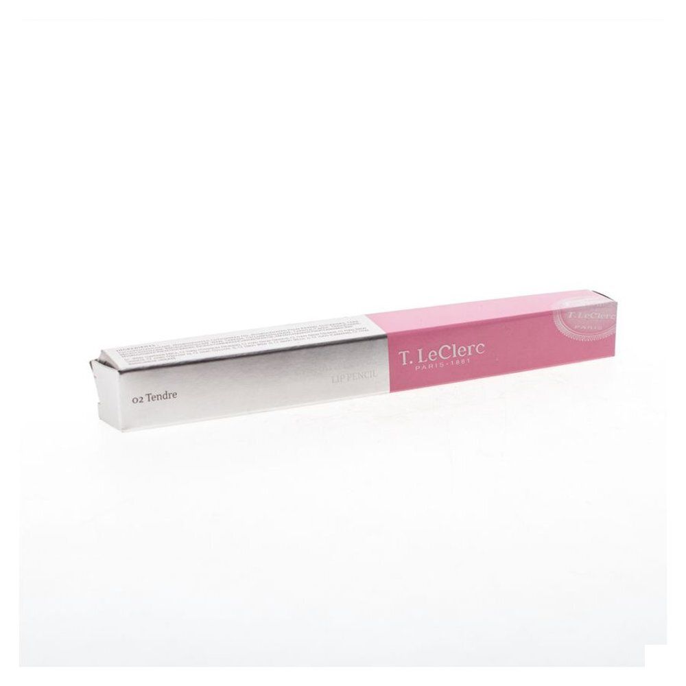 Roze verpakking met productinformatie. Merk: T.LeClerc. Product: Lip Pencil. Kleur: 02 Tendre.