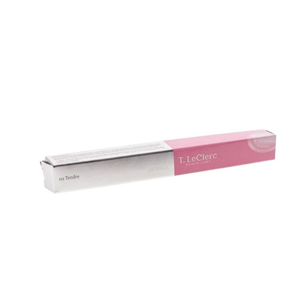 Roze verpakking met productinformatie. Merk: T.LeClerc. Product: Lip Pencil. Kleur: 02 Tendre.