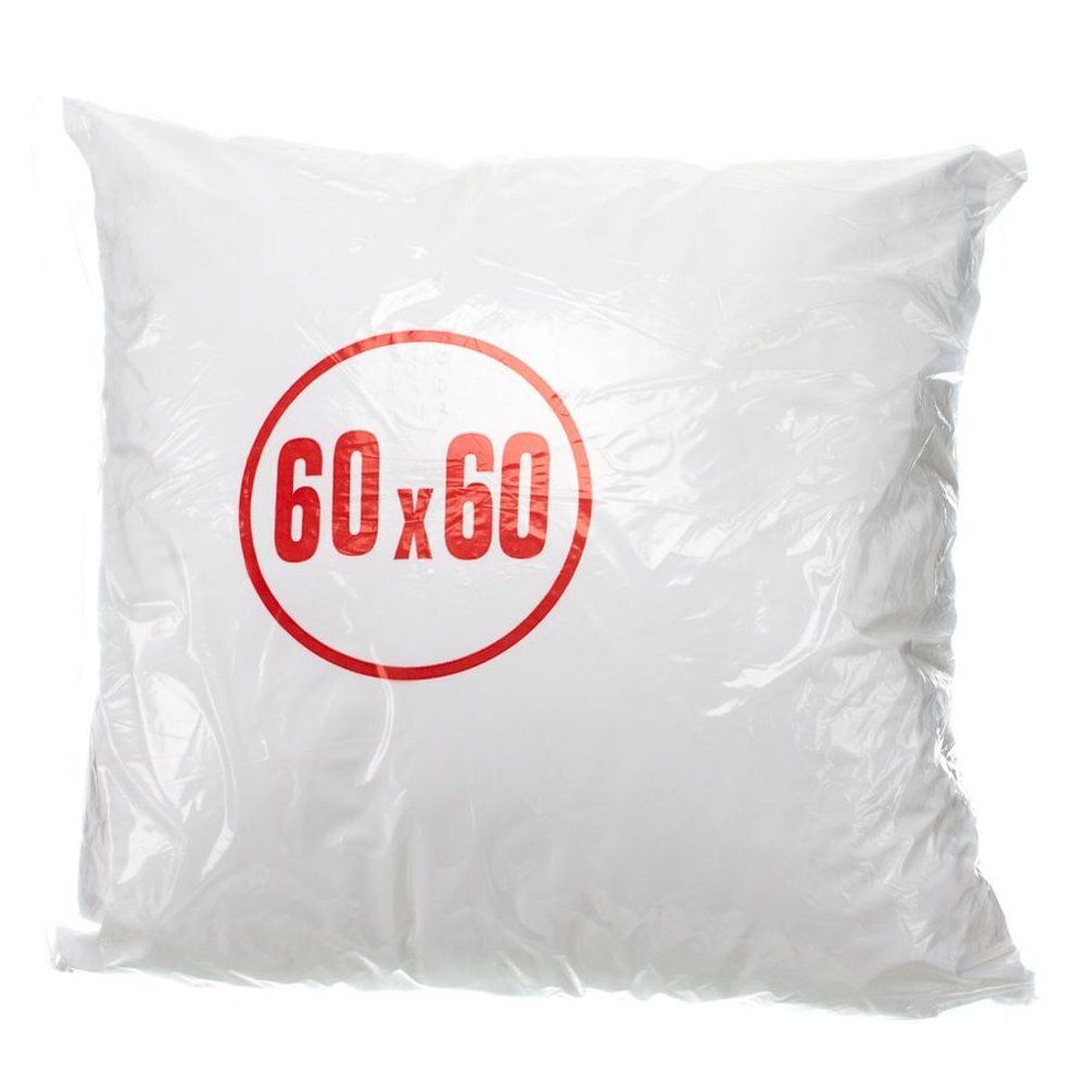 Wit kussen in plastic verpakking. Rode cirkel met opschrift 60x60.