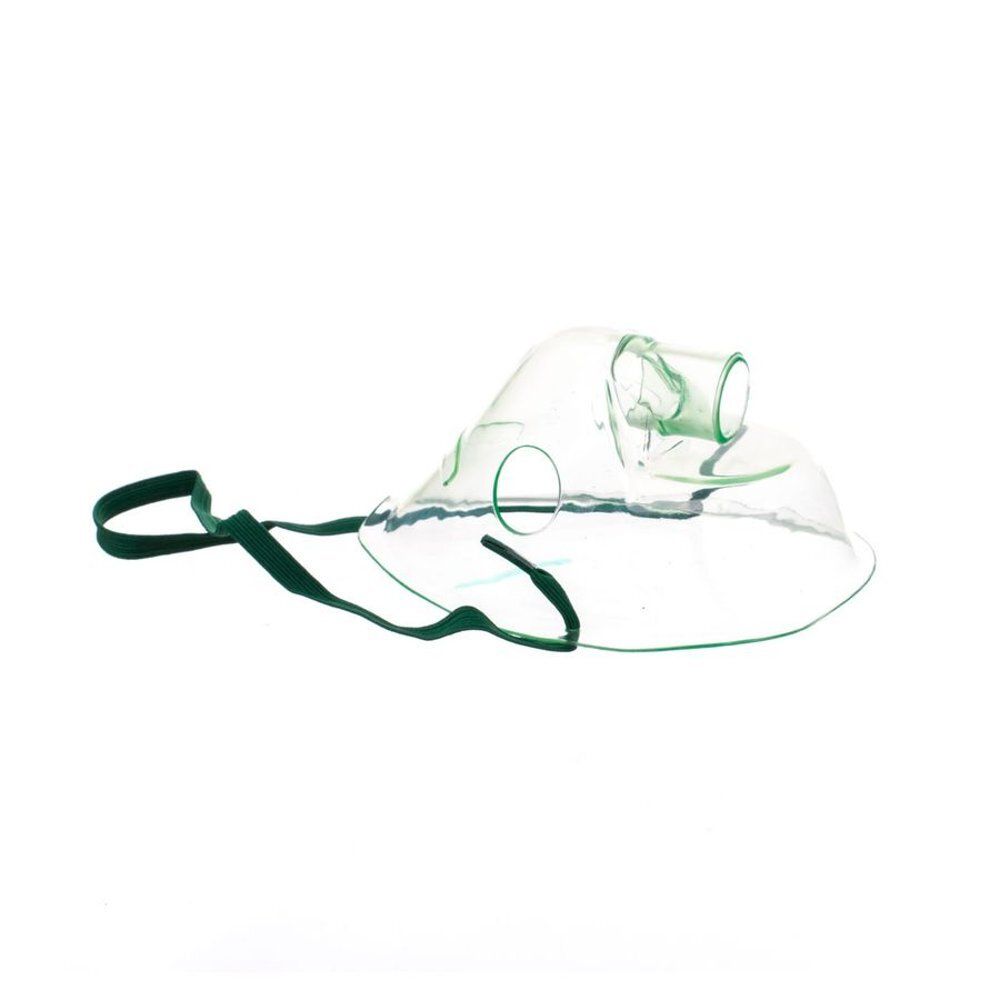 Transparante aerosolmasker voor volwassenen met groene band. Ovale vorm en aansluiting.