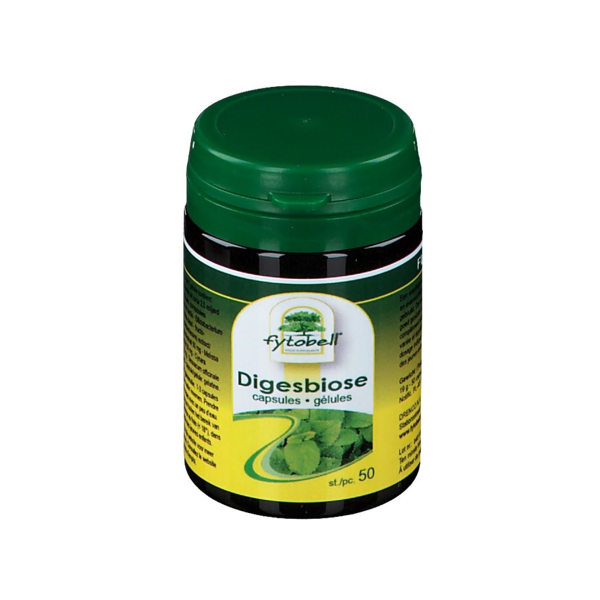 Groene pot met zwart deksel. Opschrift: Fytobell Digesbiose, capsules. 50 stuks.