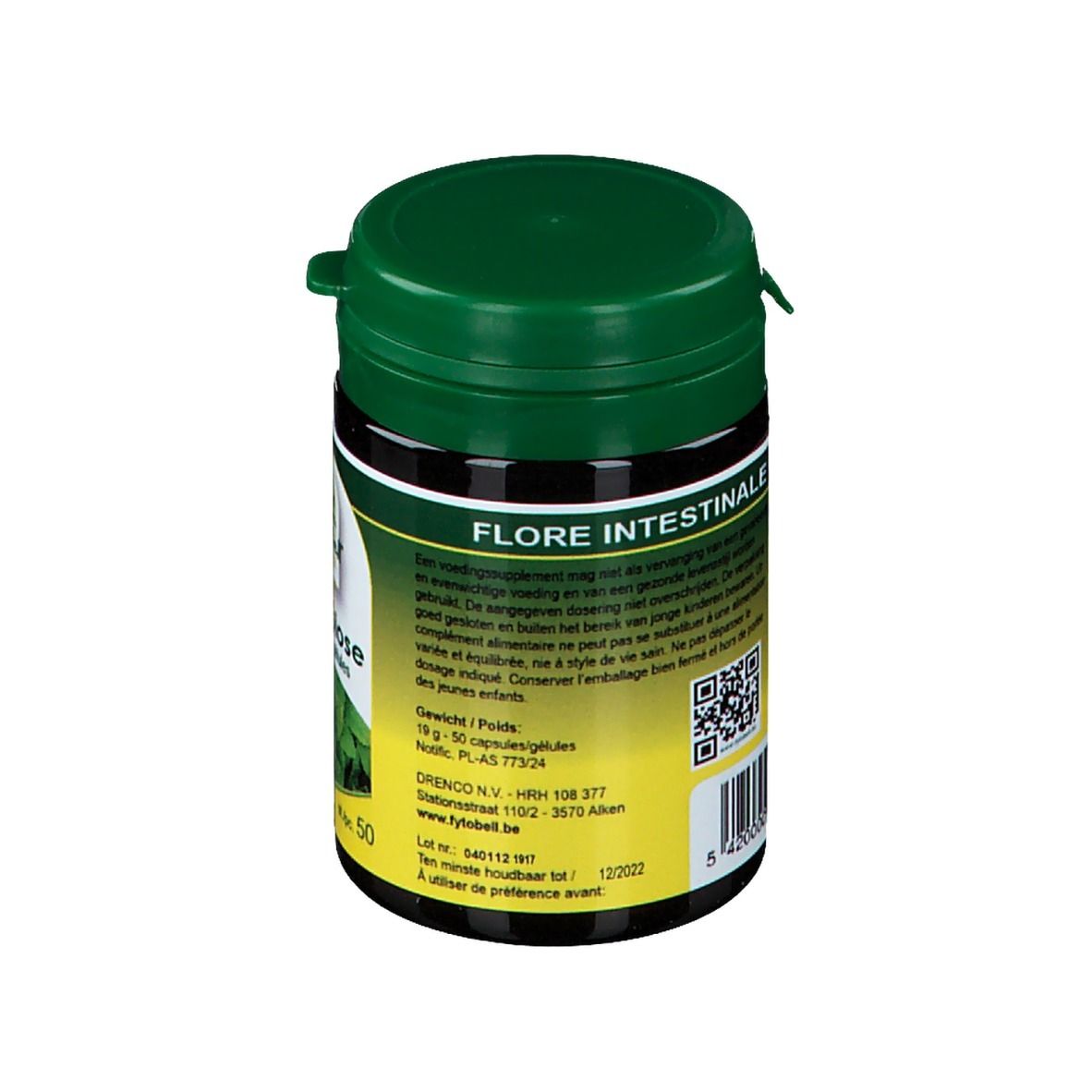 Groene pot met zwart deksel. Opschrift: Flore Intestinale. QR-code en tekst op etiket.