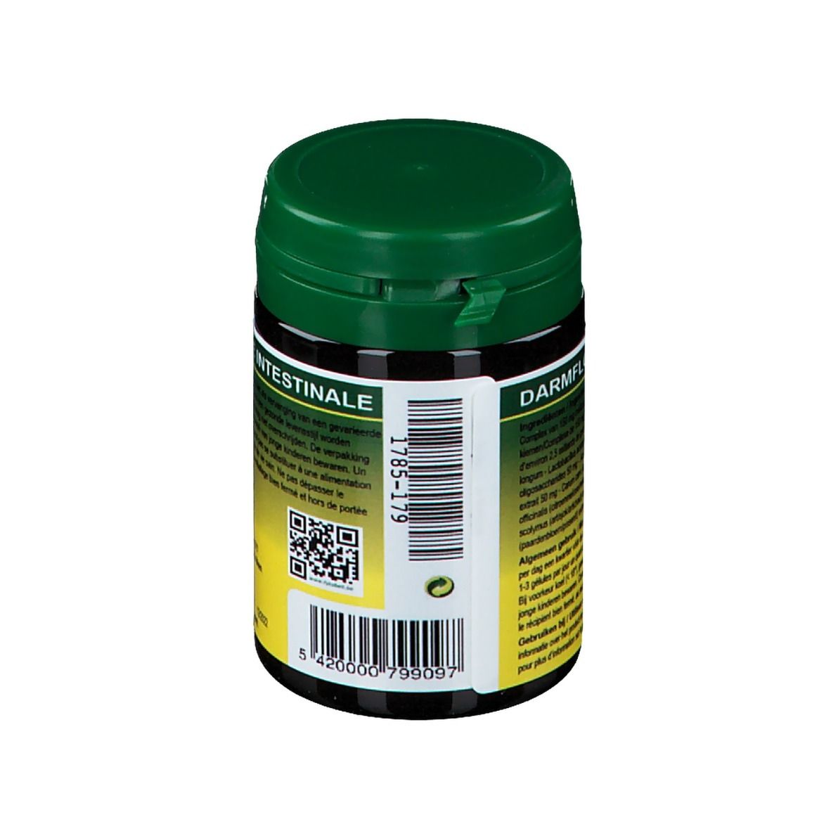 Groene pot met zwart deksel. Opschrift: Intestinale, Darmflora. Barcode en tekst op etiket.