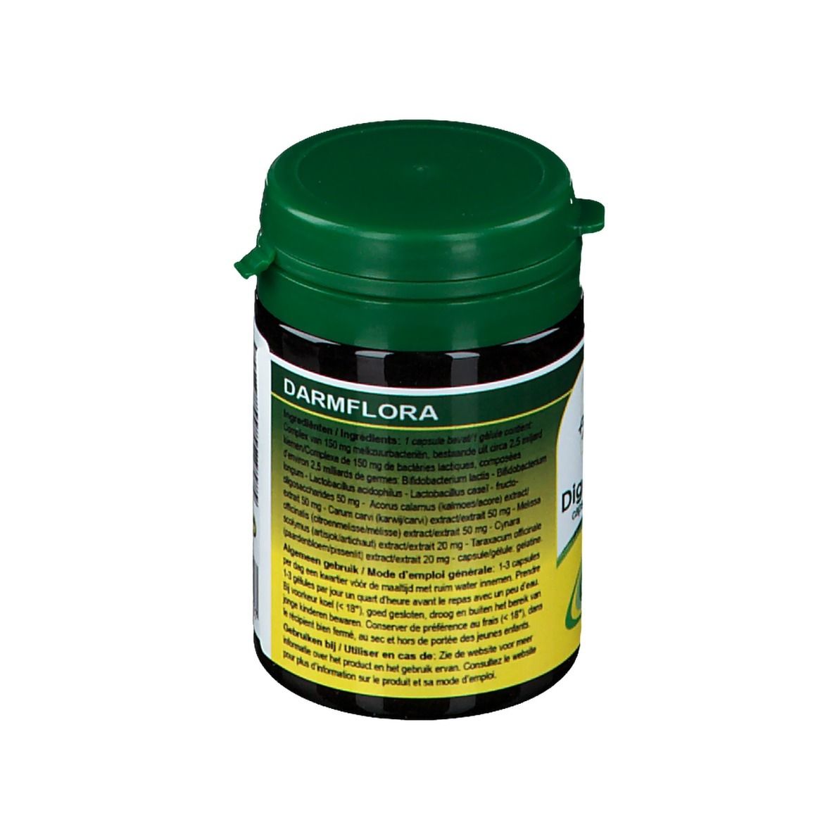 Groene pot met zwart deksel. Opschrift: Darmflora. Tekst met ingrediënten en gebruik.