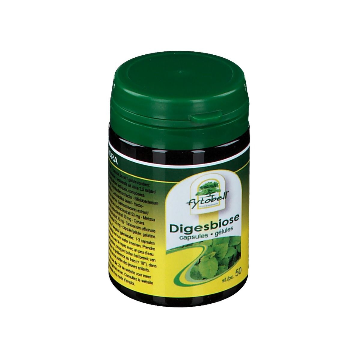 Groene pot met zwart deksel. Opschrift: Fytobell Digesbiose, capsules. 50 stuks. Etiket met bladeren.