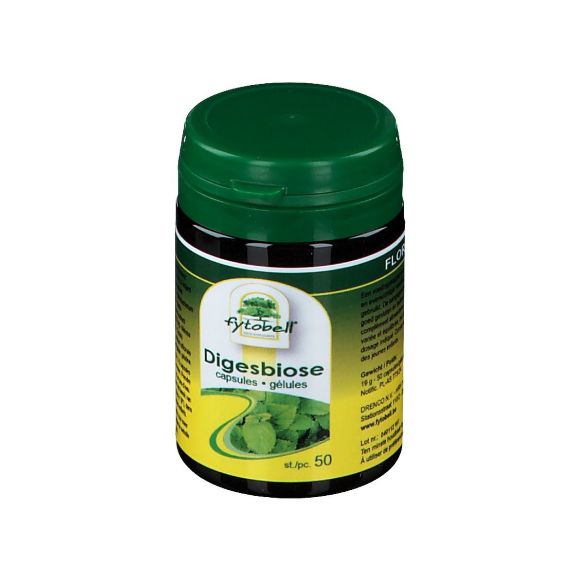 Groene pot met zwart deksel. Opschrift: Fytobell Digesbiose, capsules. 50 stuks. Etiket met bladeren.