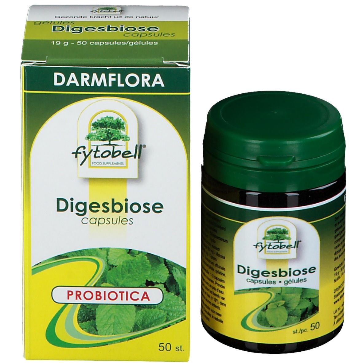 Productverpakking en pot. Opschrift: Darmflora, Fytobell Digesbiose, capsules. 50 stuks. Probiotica.