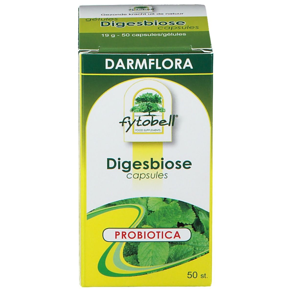 Productverpakking. Opschrift: Darmflora, Fytobell Digesbiose, capsules. 50 stuks. Probiotica.